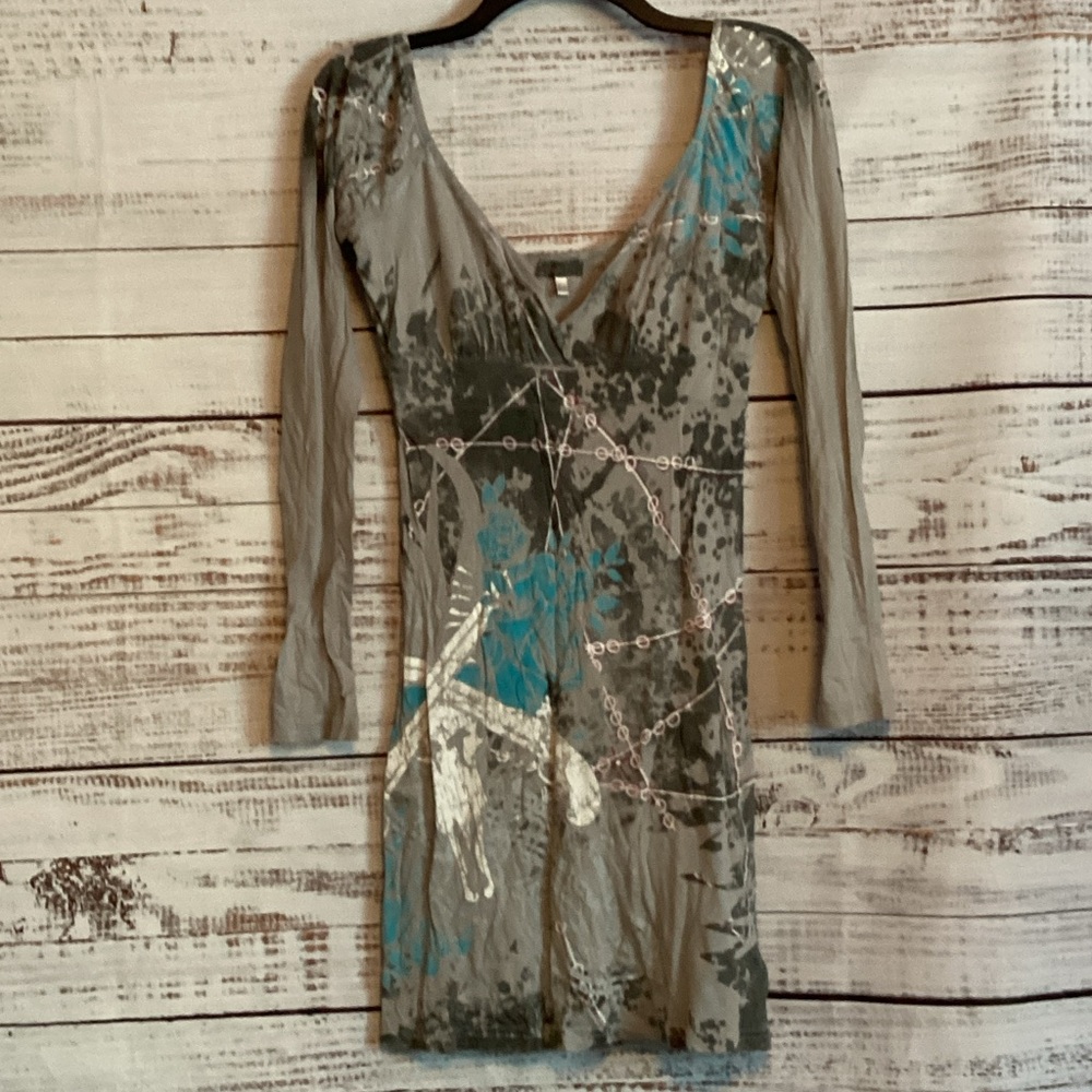 V-Neck Long Sleeve Grey & Teal Printed Women’s Dress